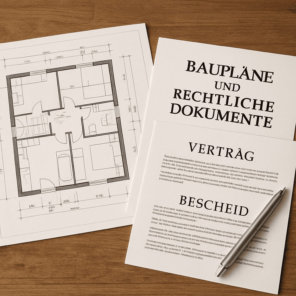 Baupläne und rechtliche Dokumente auf einem Holztisch