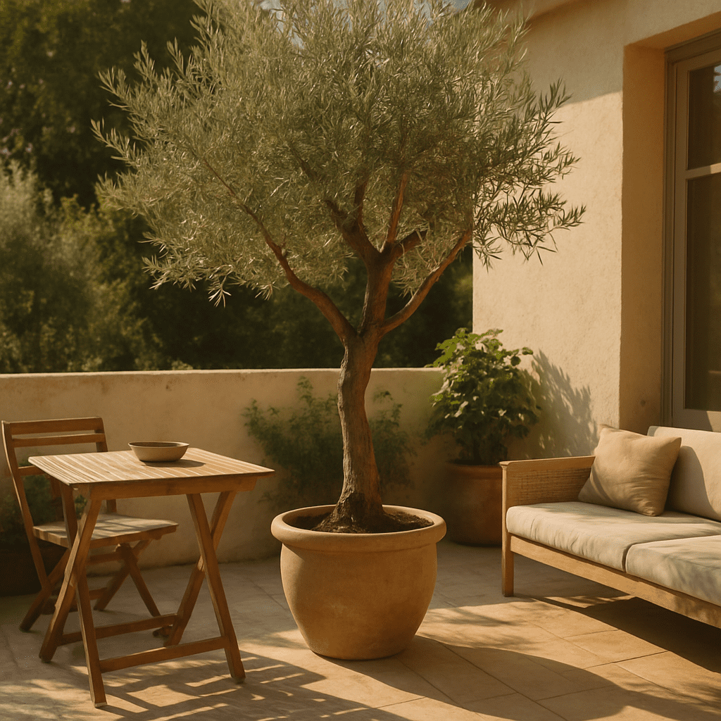 Eine schöne Terrasse im Sonnenlicht, wo ein Olivenbaum optimal platziert ist, um von der Luftzirkulation zu profitieren