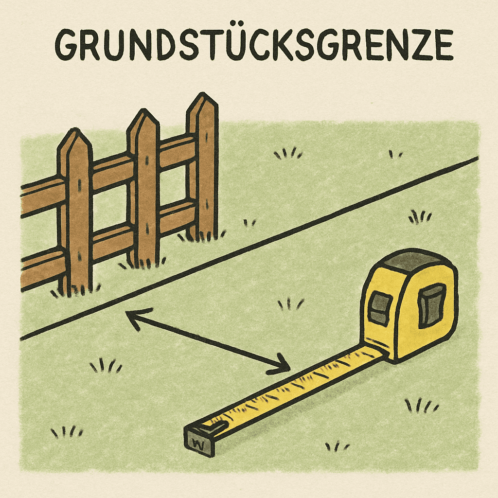 Eine schematische Darstellung der Grundstücksgrenze mit einem Maßband, das den Abstand eines Zauns zeigt