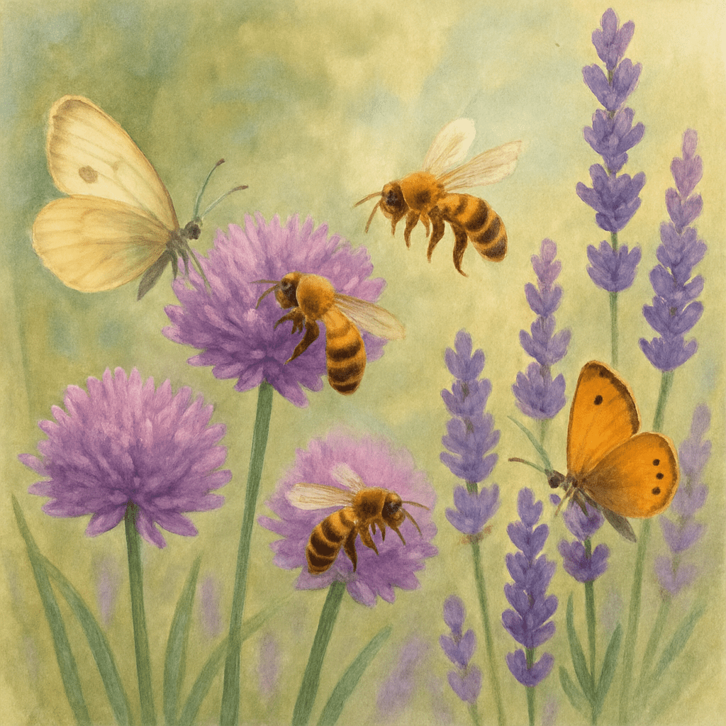 Bienen und Schmetterlinge, die leuchtend violette Blüten von Schnittlauch und Lavendel besuchen