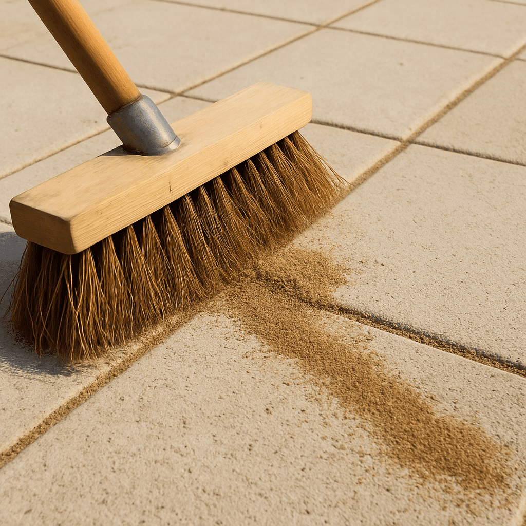 Ein Besen kehrt feinen Fugensand in die Fugen zwischen hellen Terrassenplatten