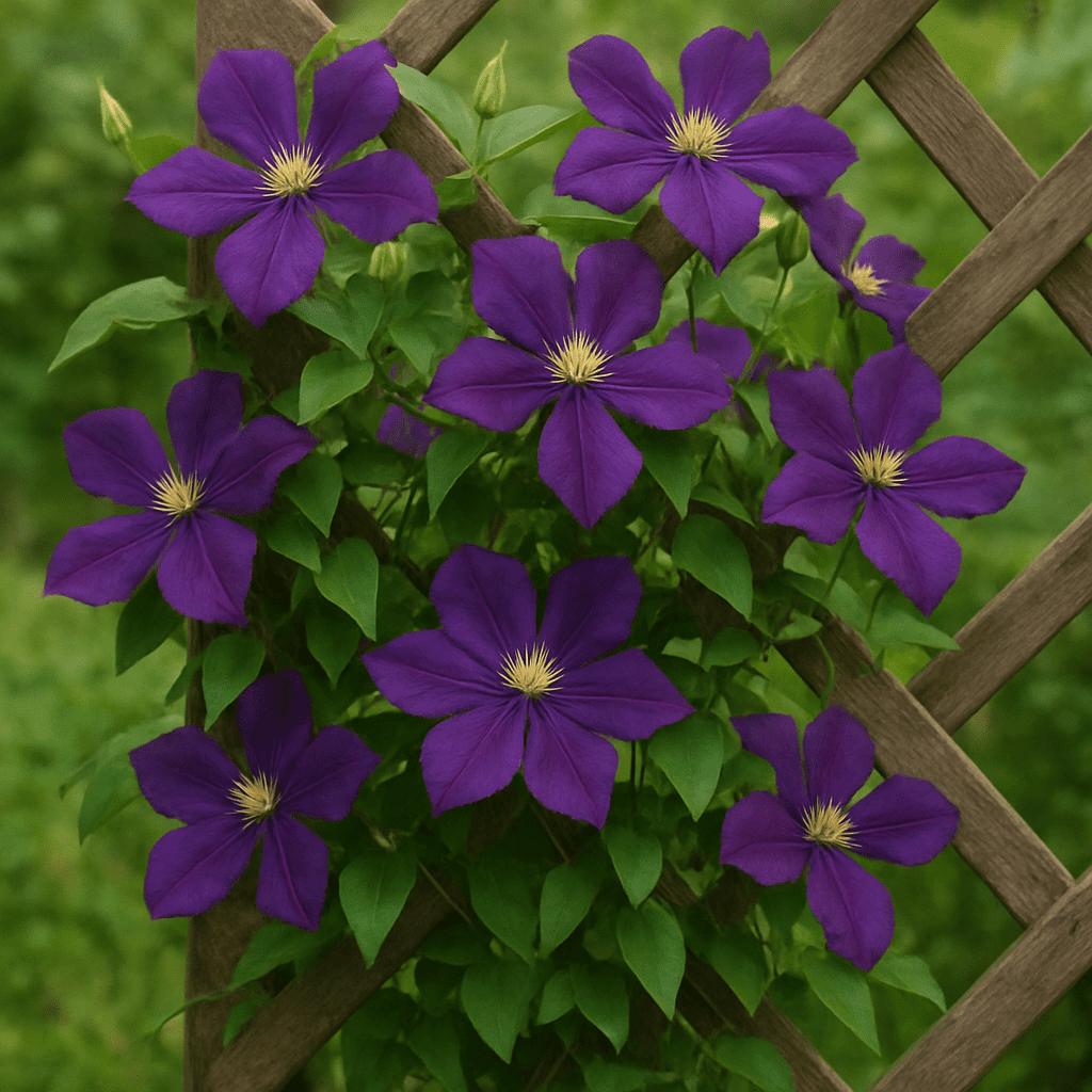 Blühende Clematis wächst an einem hölzernen Rankgitter empor