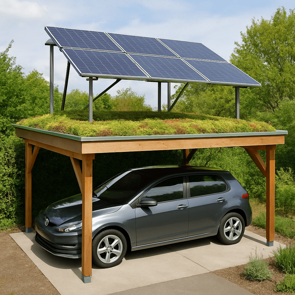 Carport mit Dachbegrünung und aufgeständerten Solarmodulen