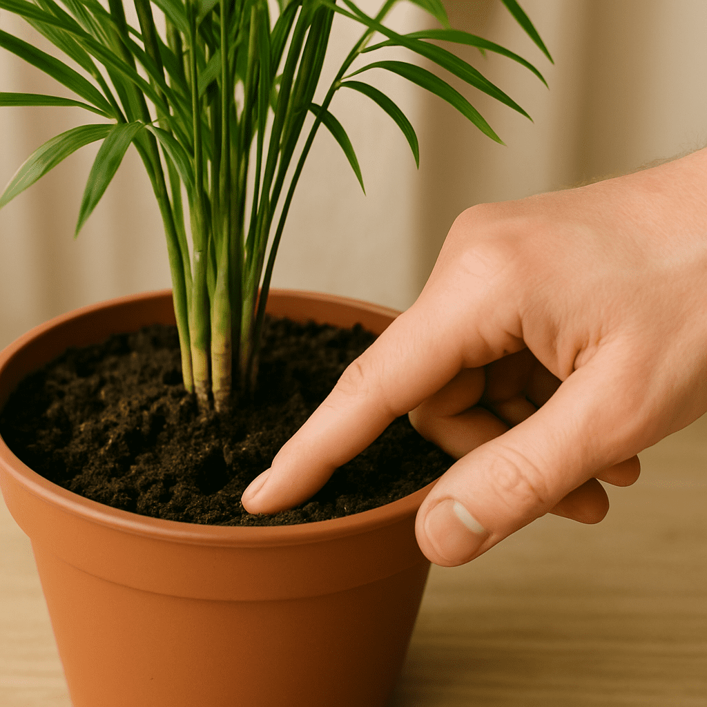 Eine Person prüft mit dem Finger die Feuchtigkeit der Blumenerde einer Palme