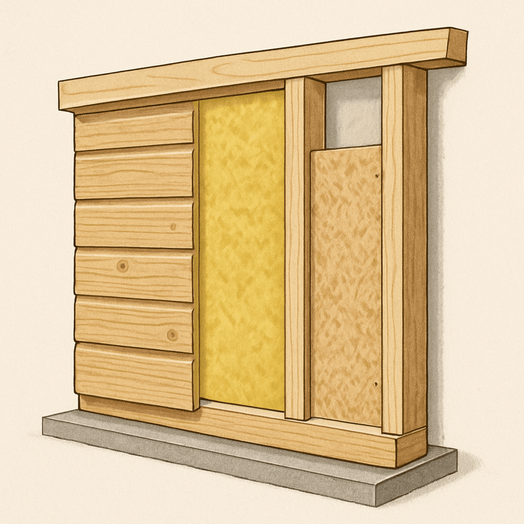 Schnittmodell einer gedämmten Holzwand eines Gartenhauses