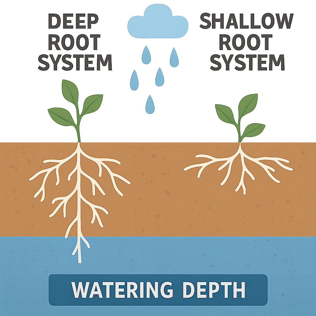 A simple graphic showing a deep root system vs. a shallow root system based on watering depth.
