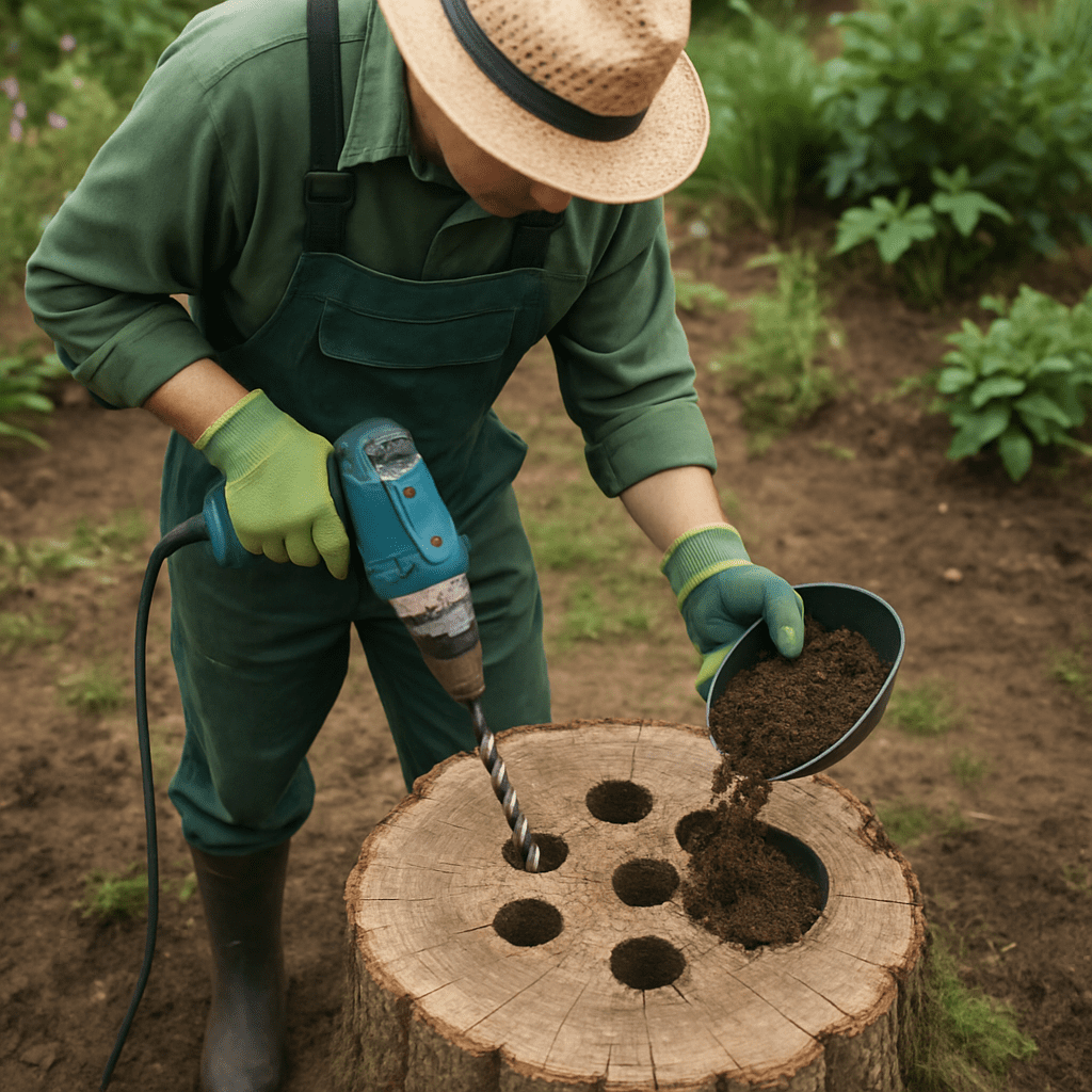 A gardener using a large drill to make holes in a stump, then filling them with organic compost/soil.