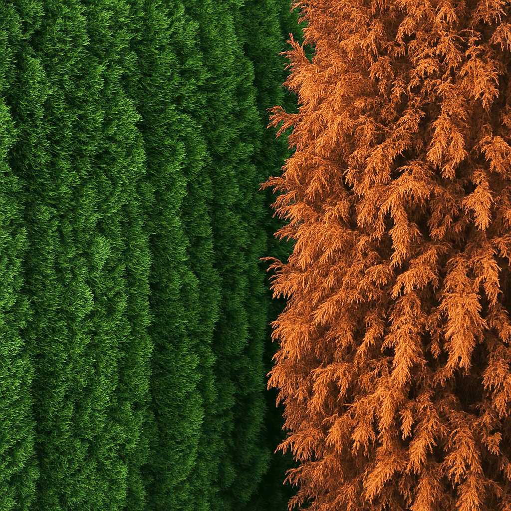Dichte, grüne Thuja Smaragd Hecke im Kontrast zu einer Pflanze mit braunen Spitzen