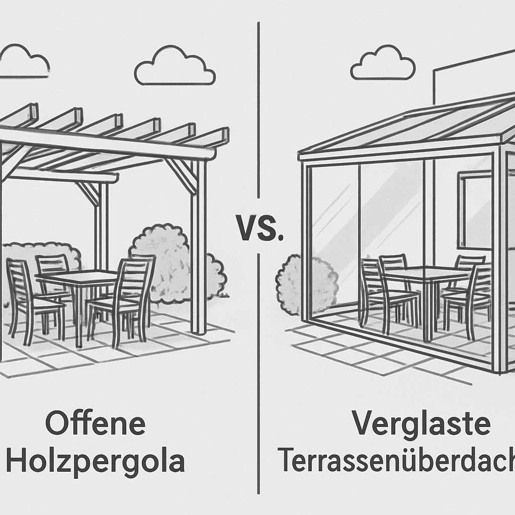 Vergleich zwischen einer offenen Holzpergola und einer verglasten Terrassenüberdachung
