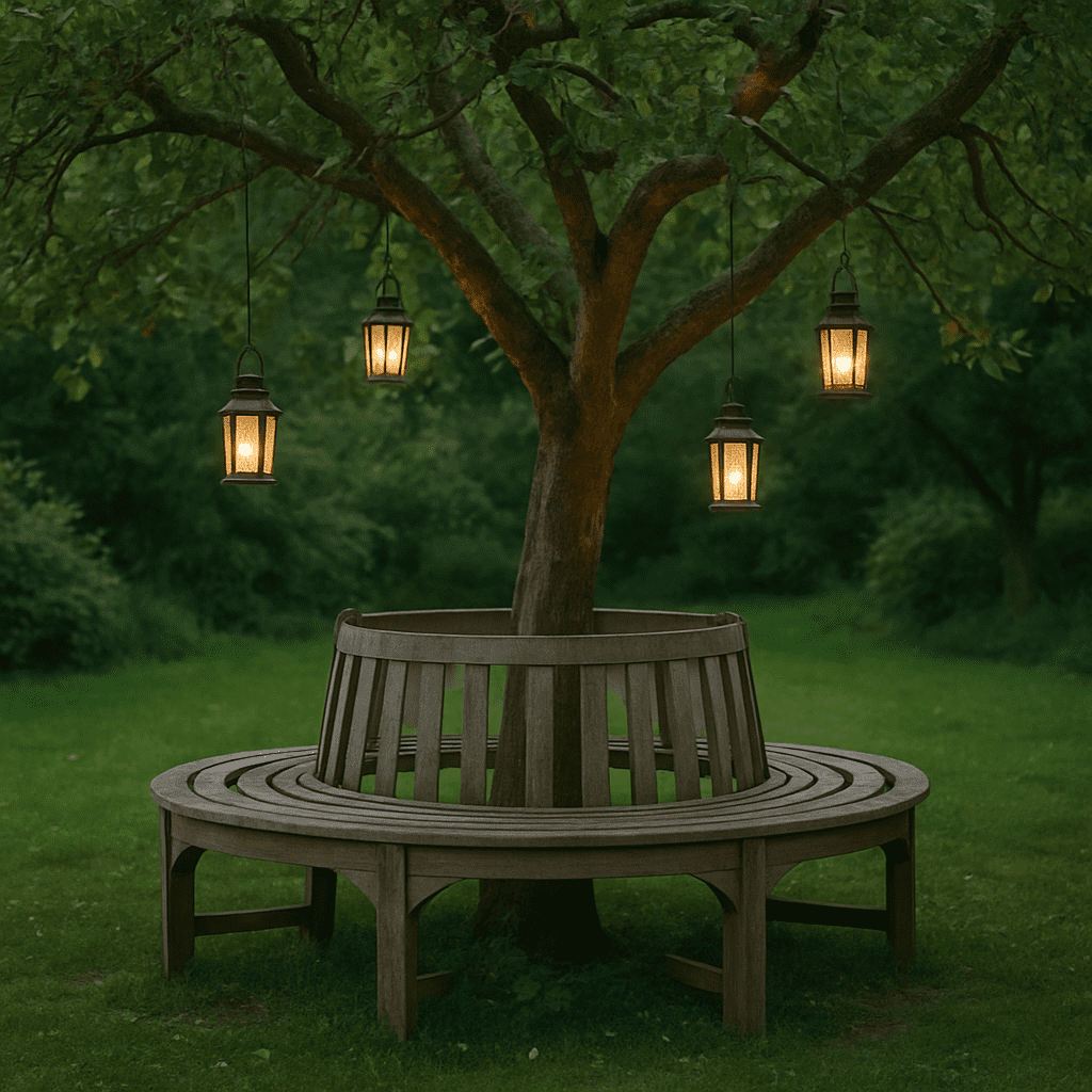 Eine kreisförmige Holzbank um einen alten Apfelbaum mit hängenden Laternen in den Ästen.