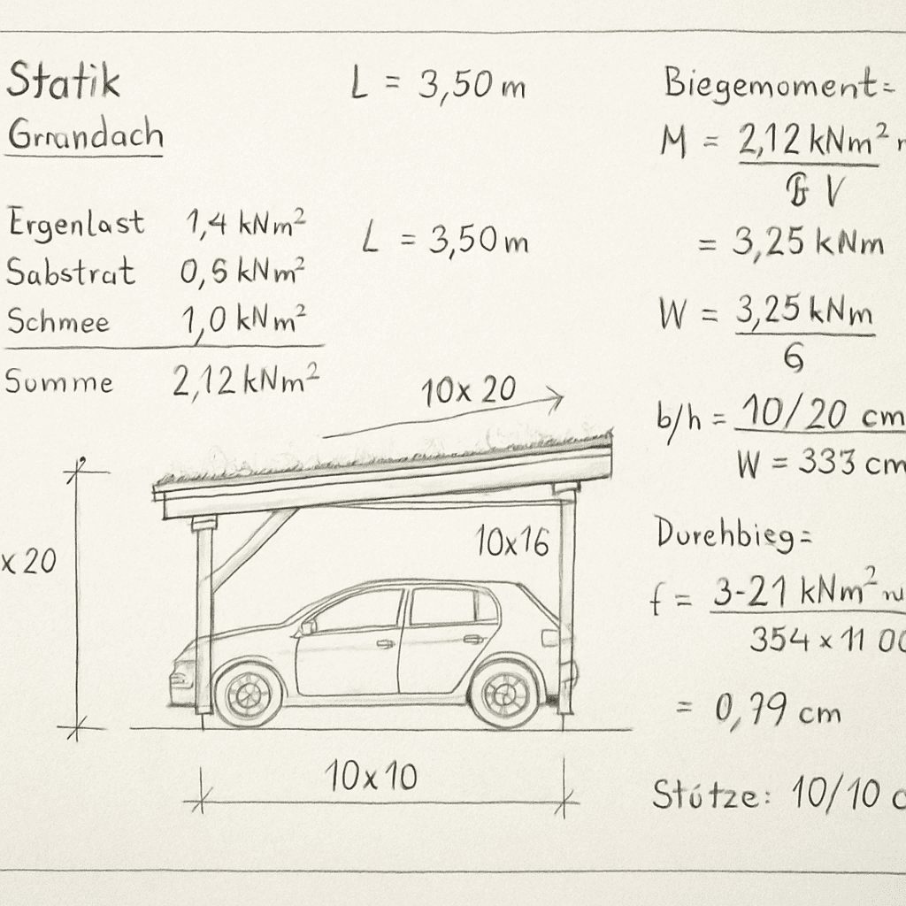 Architekturzeichnung eines Carports mit Statik-Berechnungen für ein Gründach
