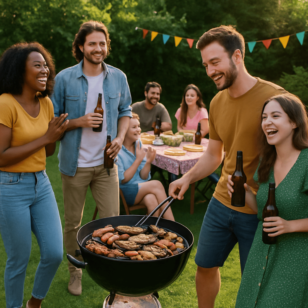 Fröhliche Menschen, die auf einem satten, grünen Rasen eine Gartenparty mit Barbecue feiern
