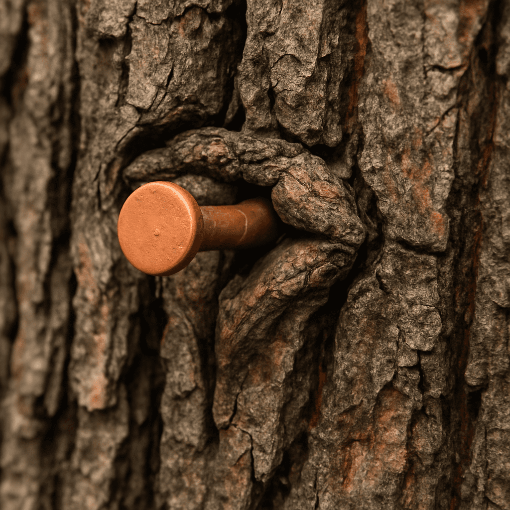 A close-up of a copper nail driven into a tree trunk with the bark naturally growing around it, showing the tree's defense mechanism.