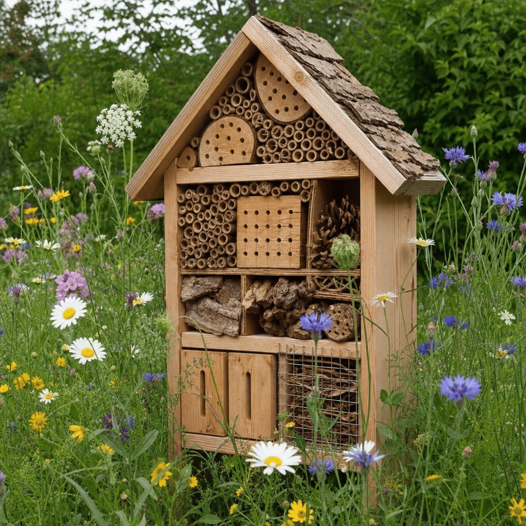 Ein naturbelassenes Insektenhotel umgeben von blühenden Wildblumen