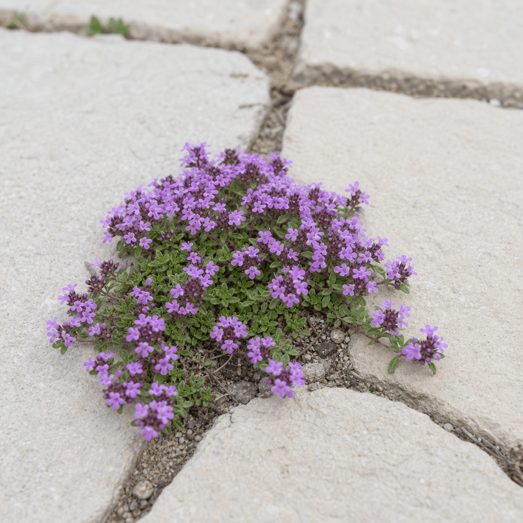 Lila blühender Sand-Thymian wächst zwischen hellen Terrassenplatten