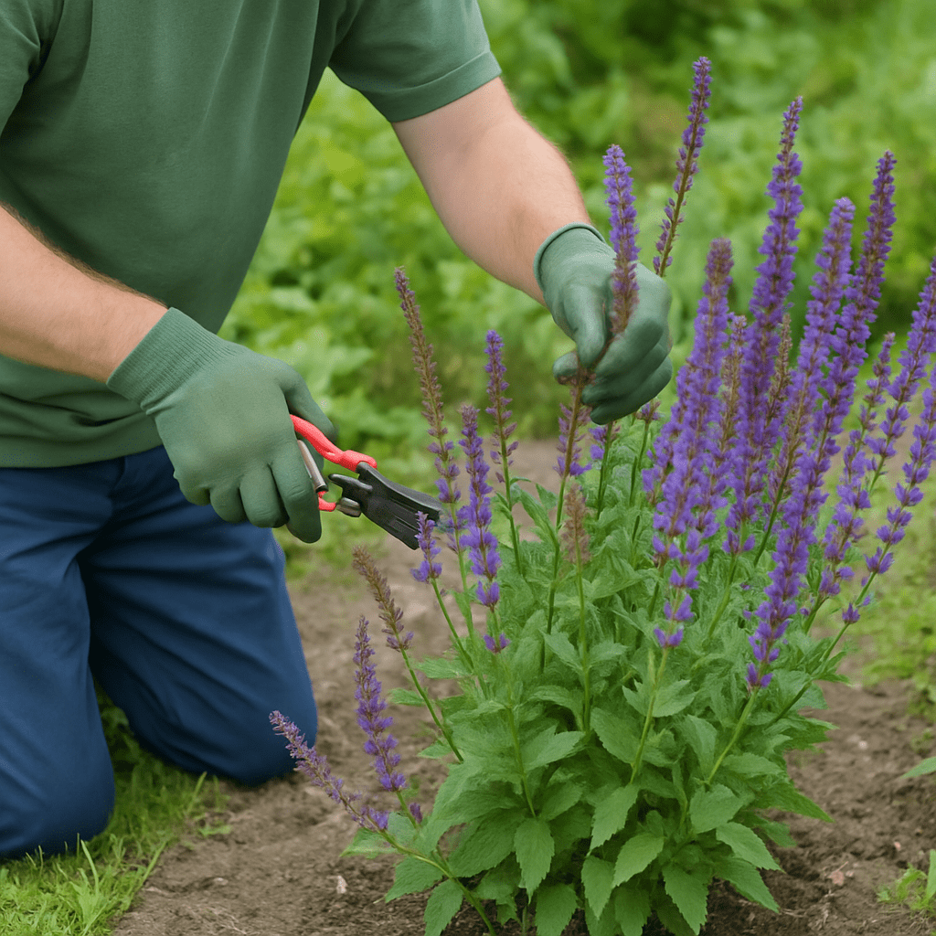 Gärtner schneidet verblühten Steppen-Salbei für die zweite Blüte zurück