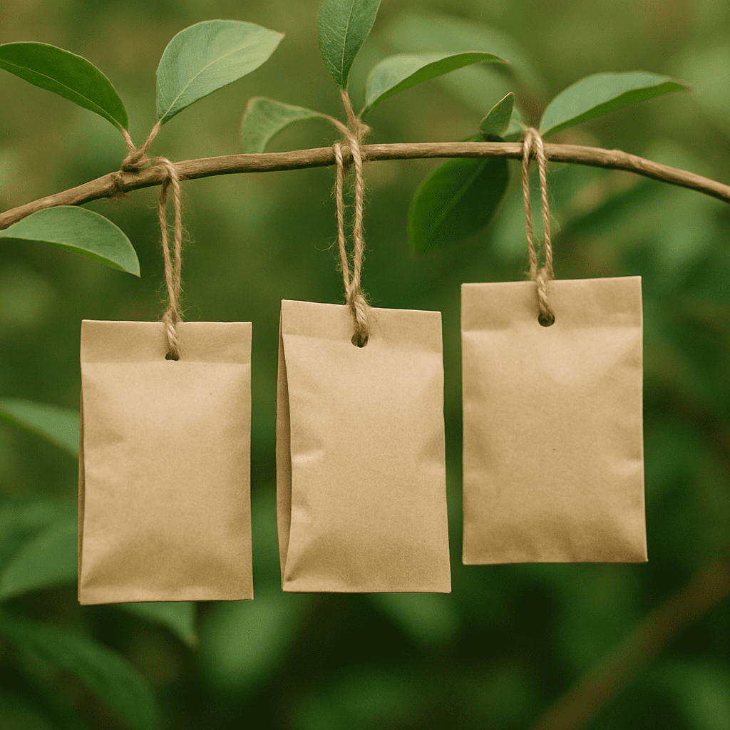 Small paper sachets hanging on a plant branch.