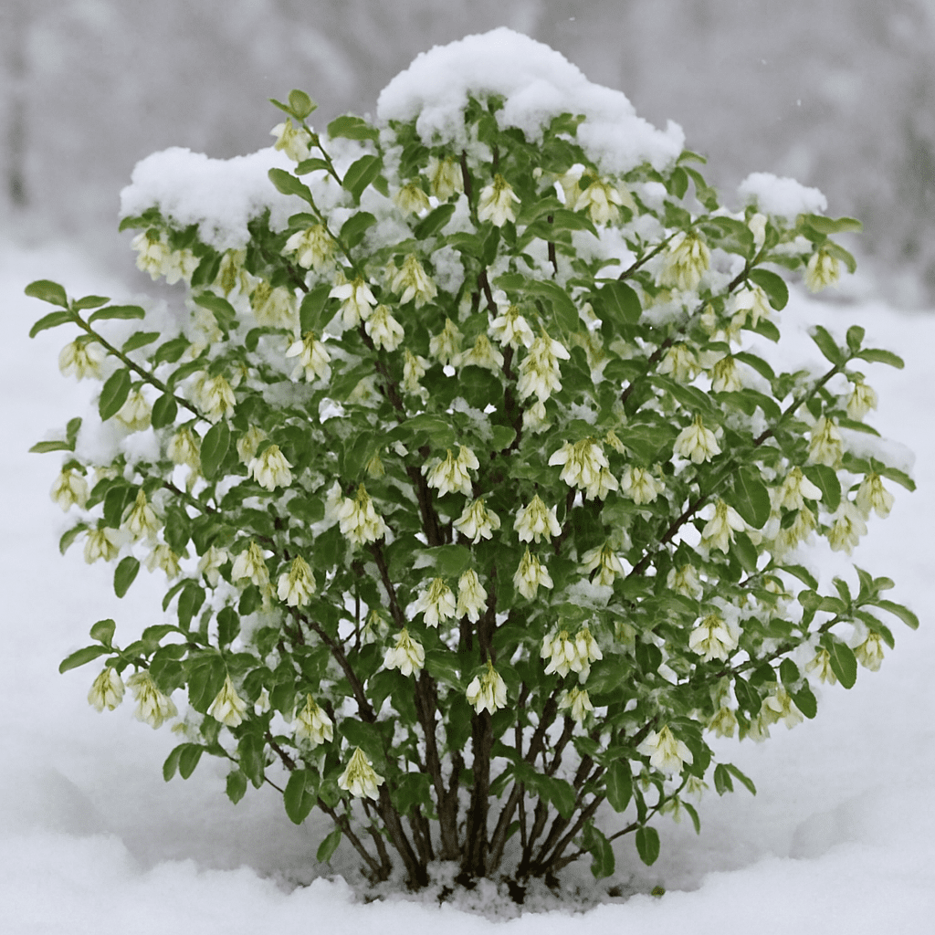 Ein blühender Strauch der Winter-Heckenkirsche im Schnee, der die Ganzjährigkeit symbolisiert.