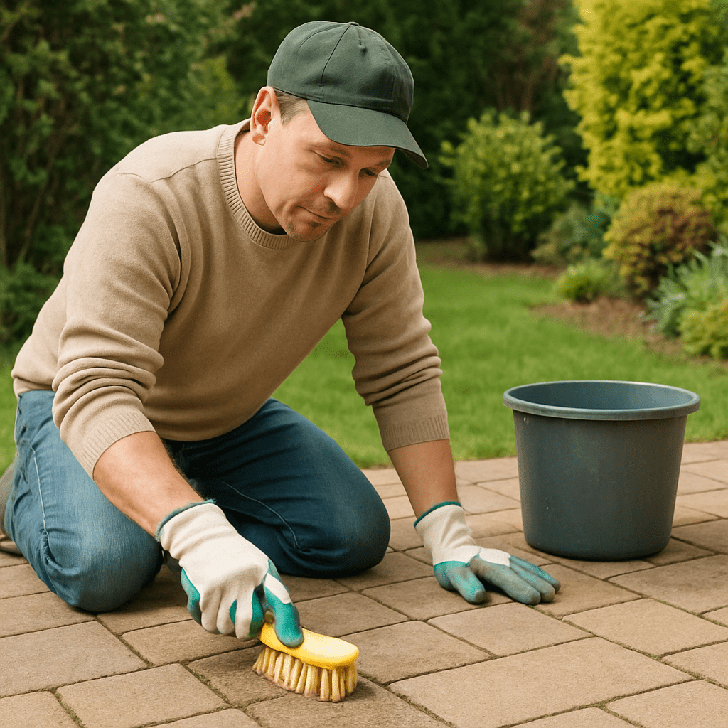 Gartenbesitzer mit Schutzhandschuhen reinigt vorsichtig Terrassensteine
