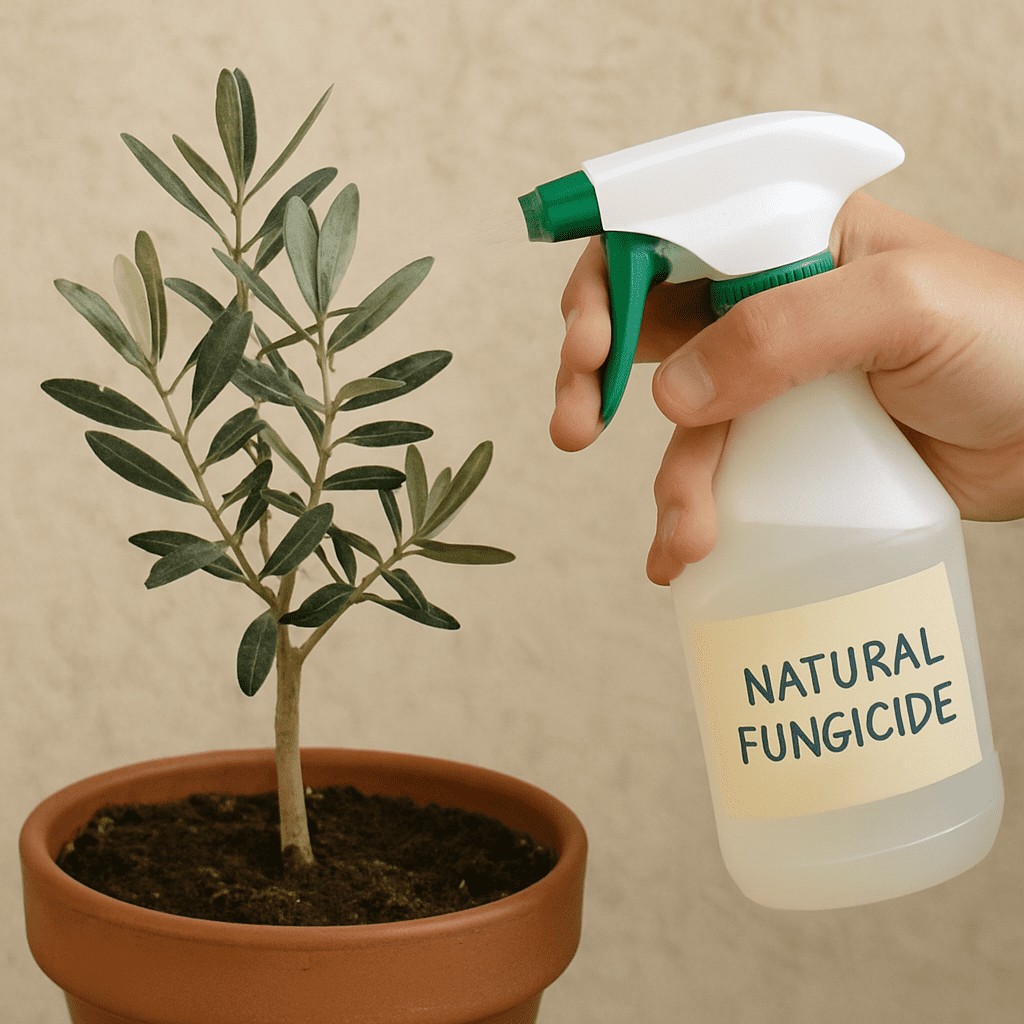 Eine Hand sprüht mit einer Sprühflasche eine natürliche Fungizid-Lösung auf die Blätter eines kleinen Olivenbaums im Topf