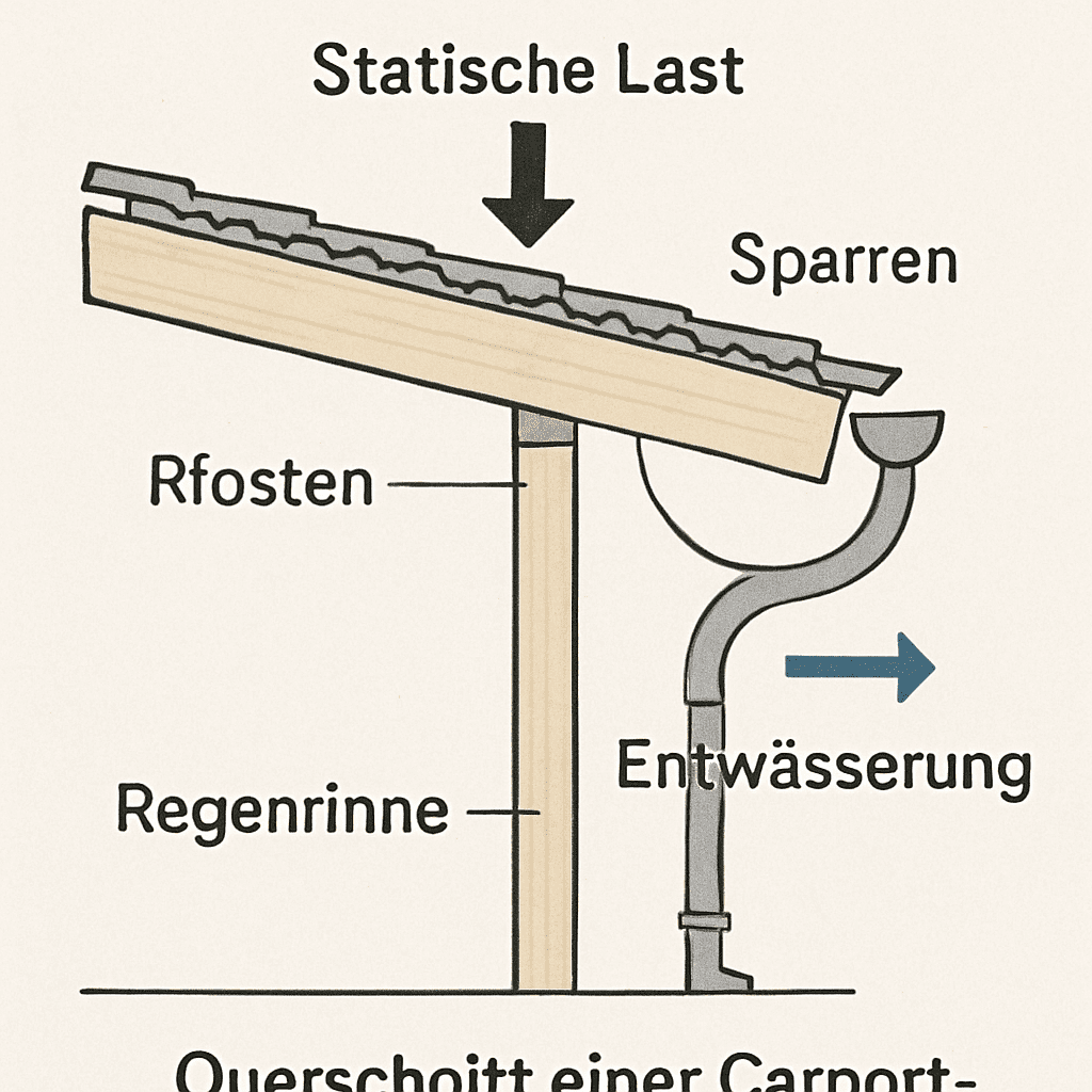 Querschnitt einer Carport-Dachkonstruktion zur Visualisierung der Statik und Entwässerung