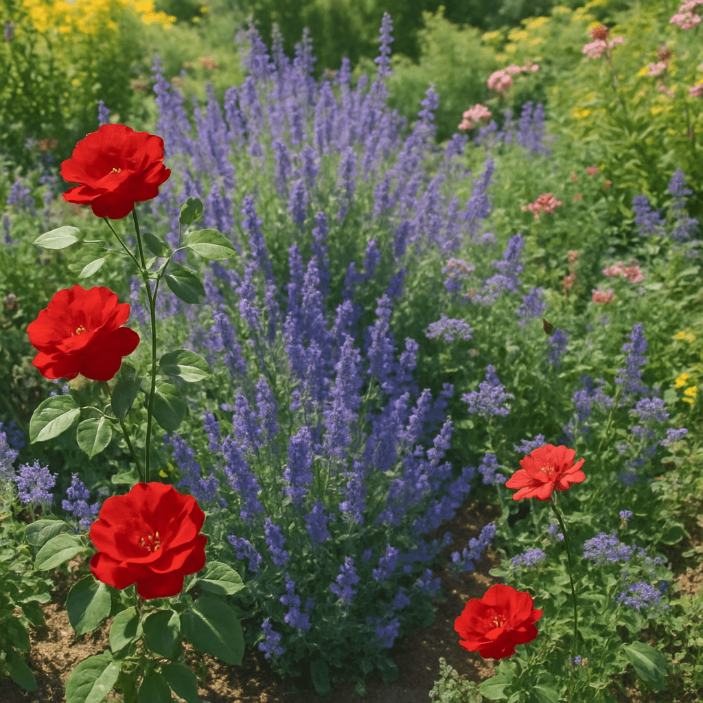 Ein sonniges Gartenbeet, in dem ungefüllte rote Rosen harmonisch mit blauem Lavendel und anderen bienenfreundlichen Stauden wachsen