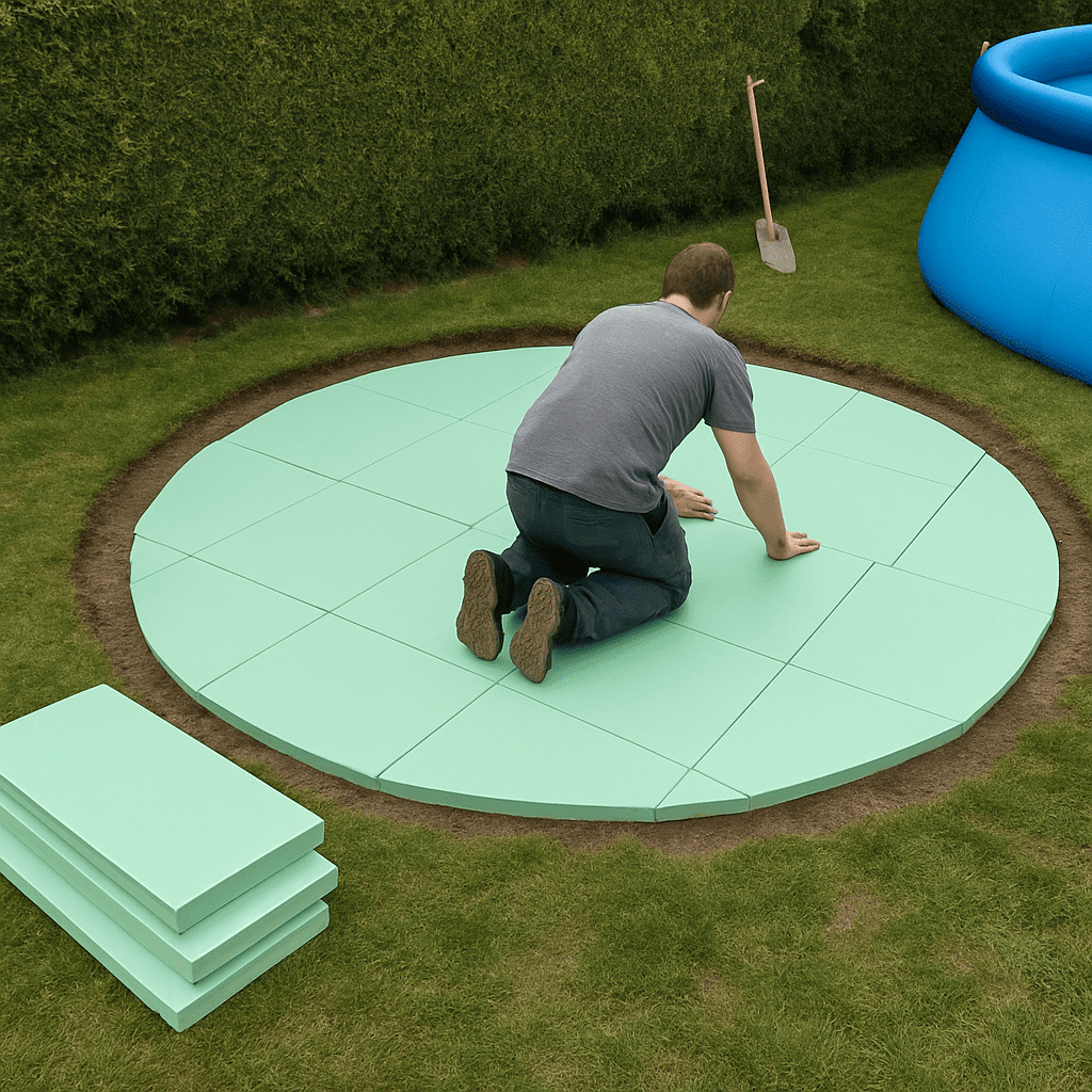 Verlegung von grünen Styrodurplatten als Untergrund für einen runden Aufstellpool