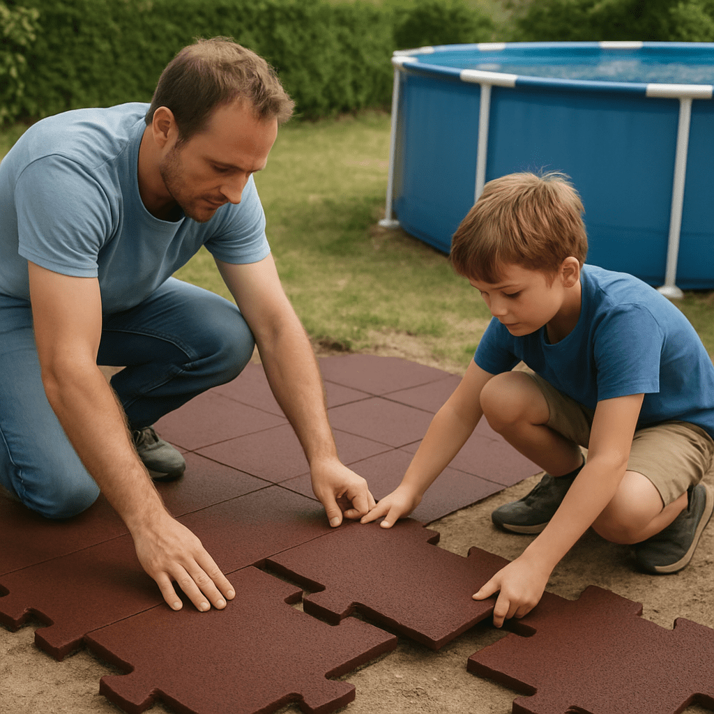 Vater und Sohn verlegen Fallschutzmatten mit Puzzlesystem im Garten für den neuen Pool