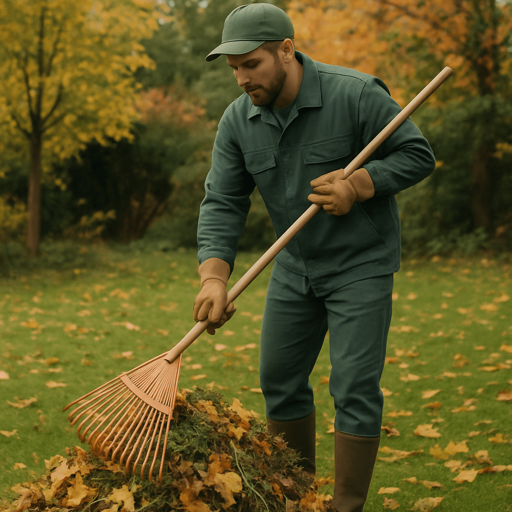 Ein Gärtner sammelt im Herbst das restliche Schnittgut und Laub sorgfältig mit einem Rechen auf