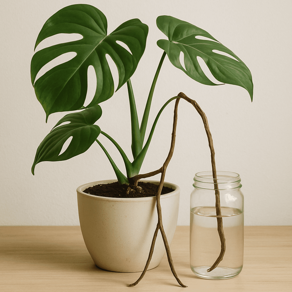 Eine Monstera mit langen, braunen Luftwurzeln, die in ein separates Glas Wasser geleitet werden oder in die Erde ragen.