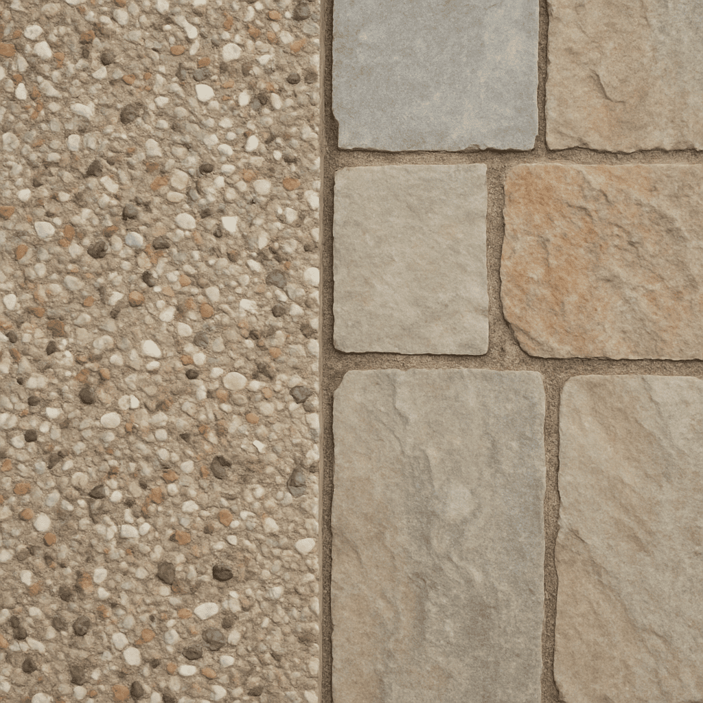 Nahaufnahme von unterschiedlichen Terrassenmaterialien wie Waschbeton und Naturstein