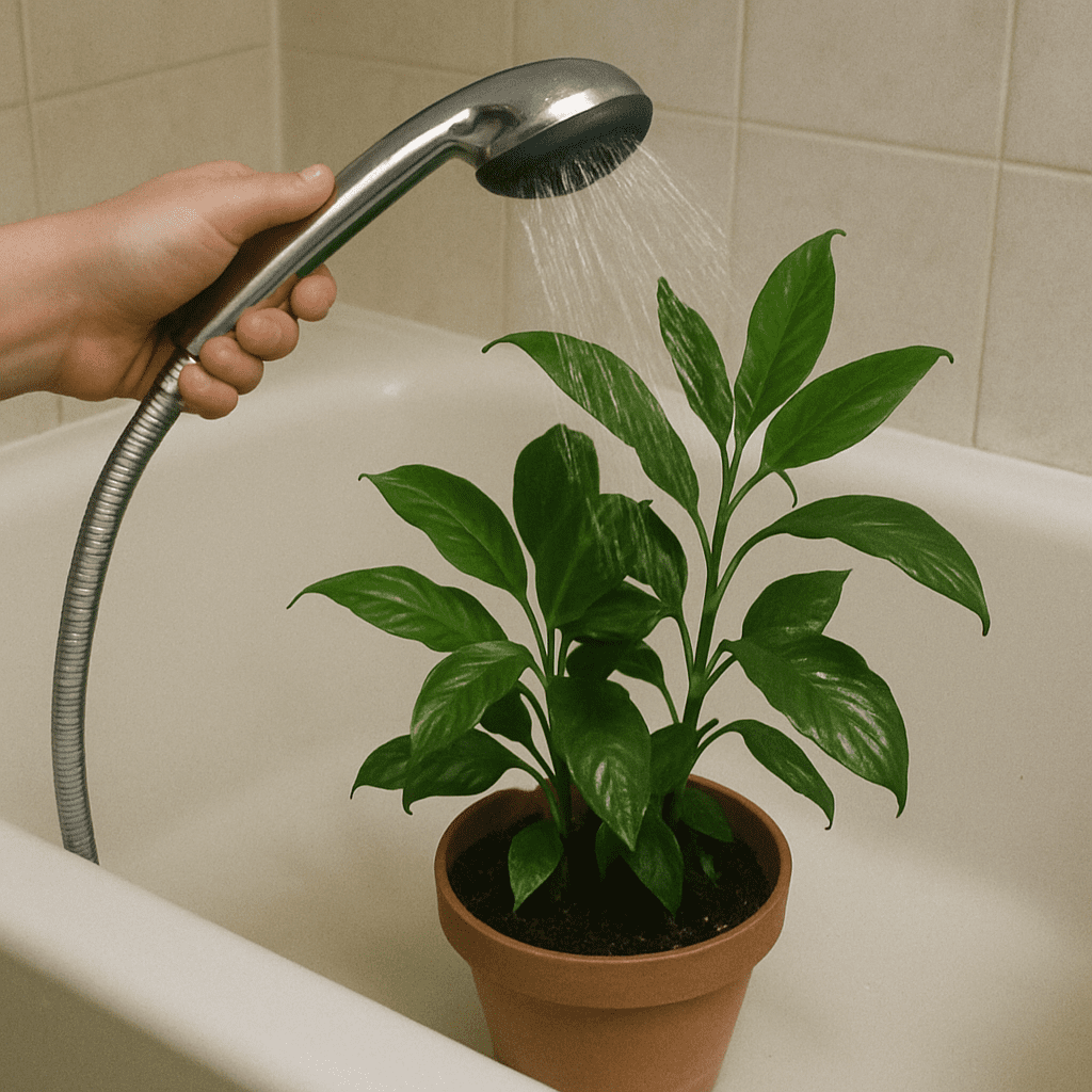 A plant in a bathtub being carefully sprayed with a showerhead at a 45-degree angle.