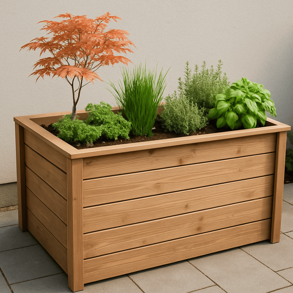 Modernes Hochbeet aus Holz mit frischen Kräutern und einem kleinen, filigranen Zwergahorn