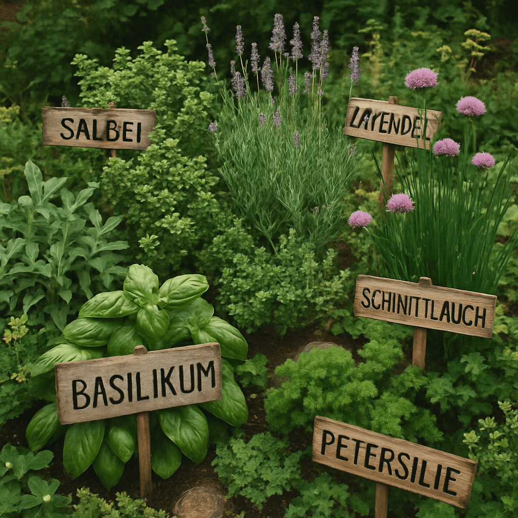 Ein üppiger, kreativer Kräutergarten mit verschiedenen Pflanzen und rustikalen Schildern