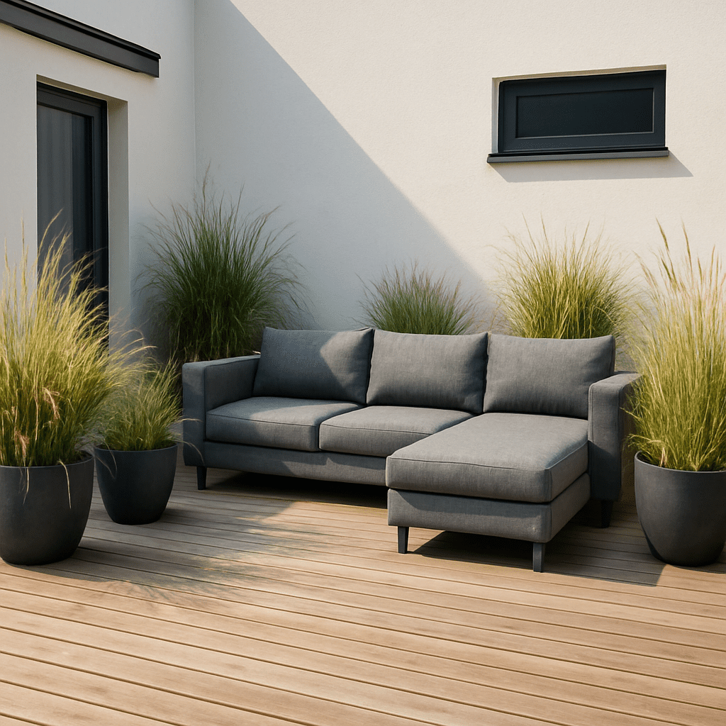Eine moderne Holzterrasse mit einer grauen Lounge-Ecke, umgeben von Gräsern in Kübeln.