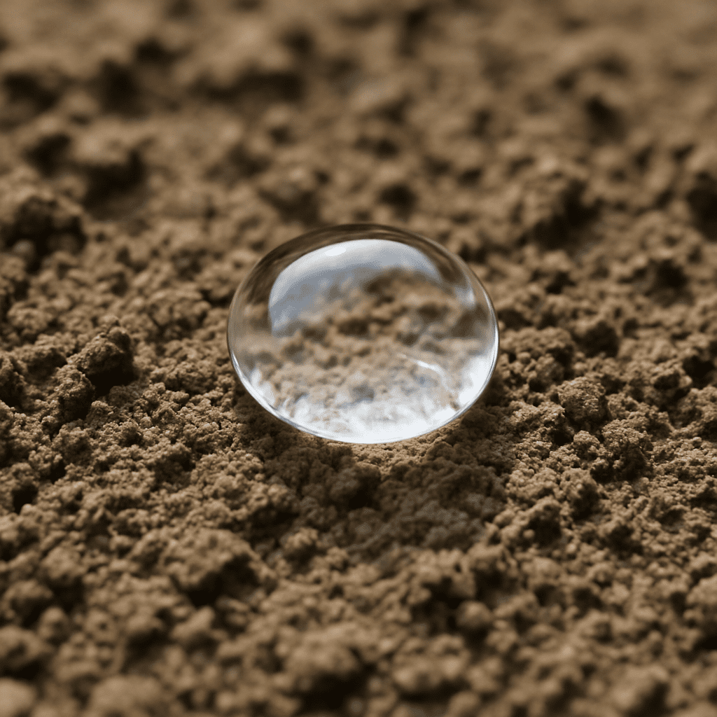 A photo showing a water droplet sitting like a bead on top of dry soil instead of soaking in.