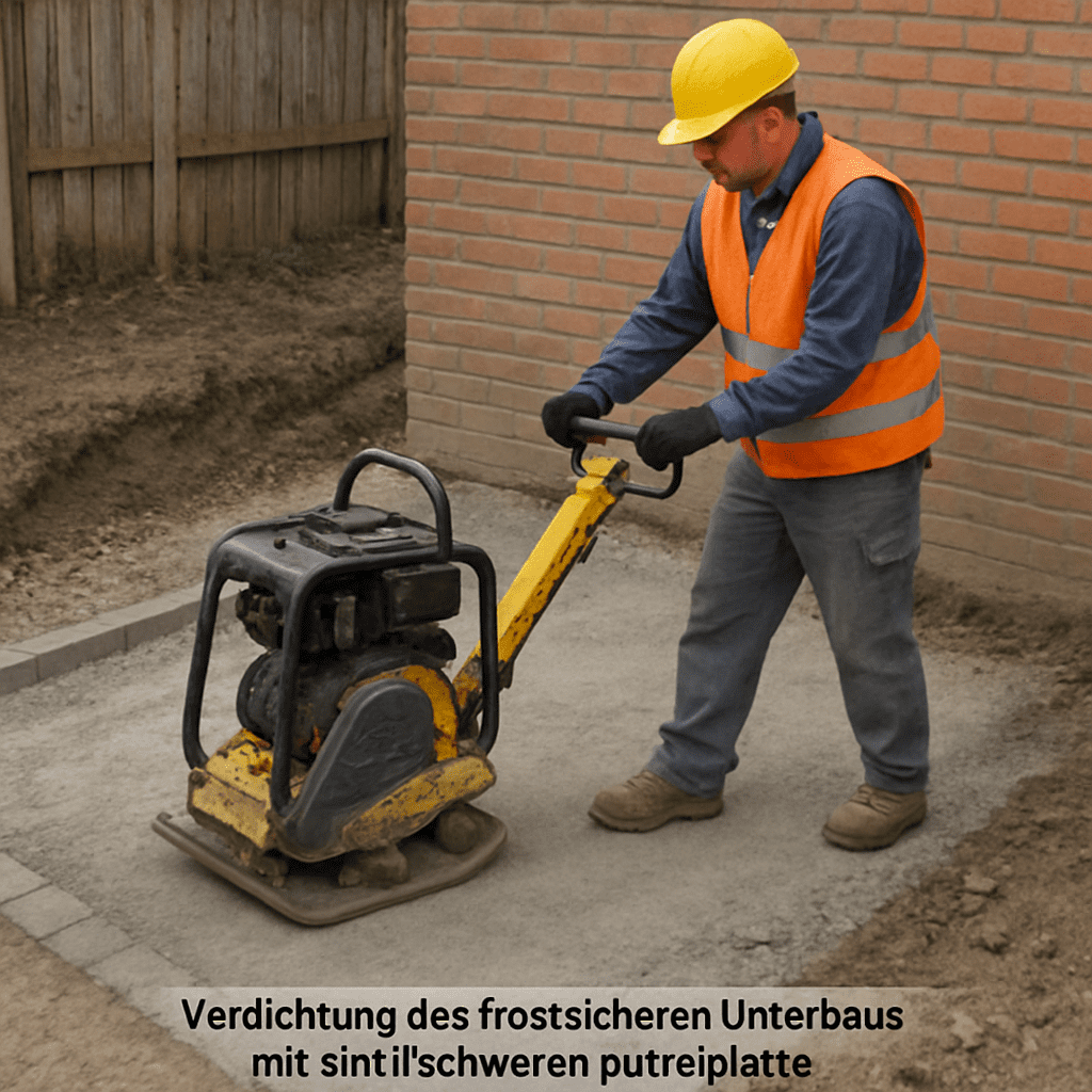 Verdichtung des frostsicheren Unterbaus mit einer schweren Rüttelplatte
