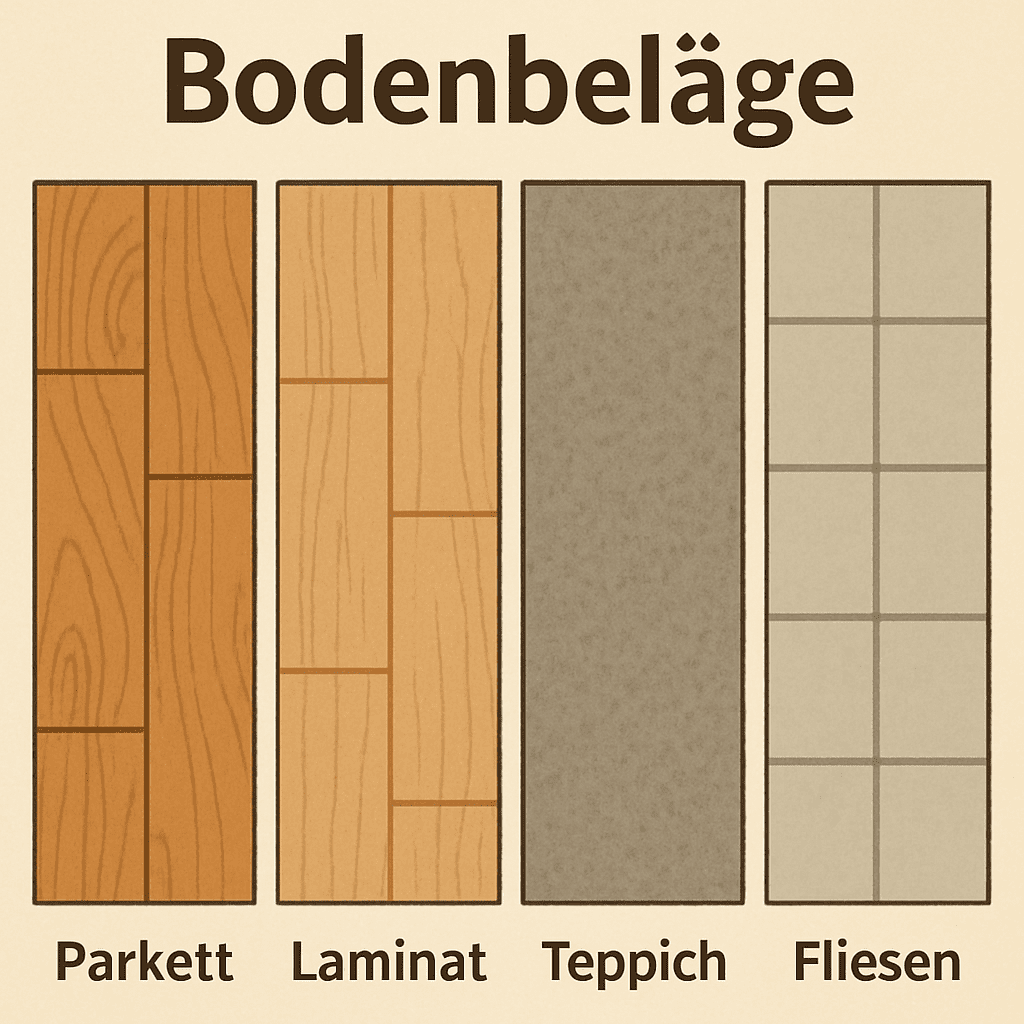 Eine Übersichtsgrafik, die verschiedene Bodenbeläge nebeneinander zeigt.