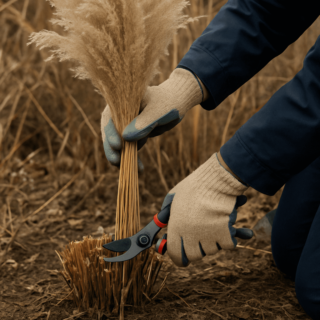 A person wearing gardening gloves carefully pruning dry pampas grass stalks about 15-20cm above the ground.