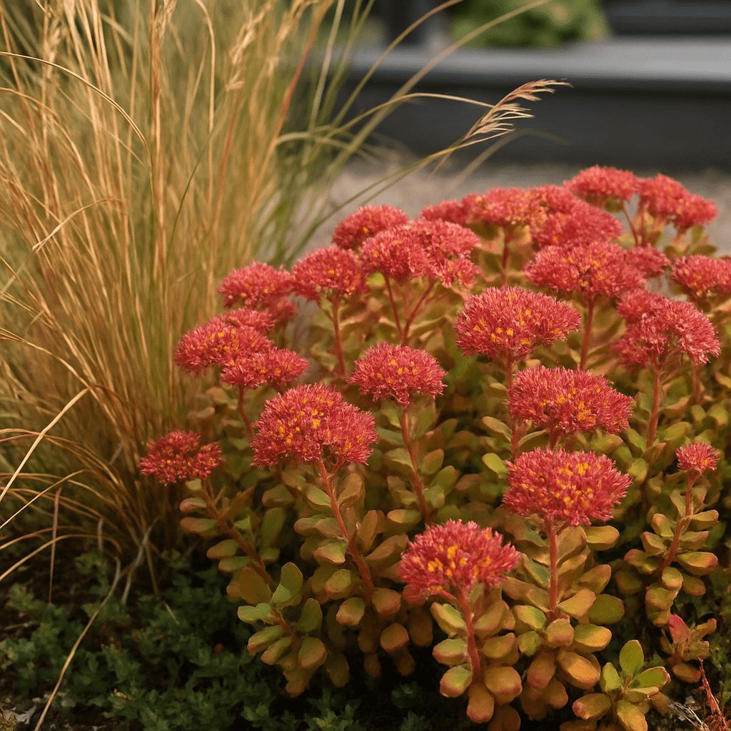 Detailaufnahme von blühendem Sedum und trockenheitsresistenten Gräsern auf einem Dachgarten