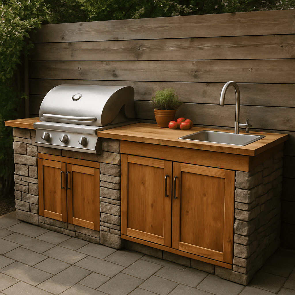 Stilvolle Outdoor-Küche aus Holz und Stein mit Grill und Spüle.