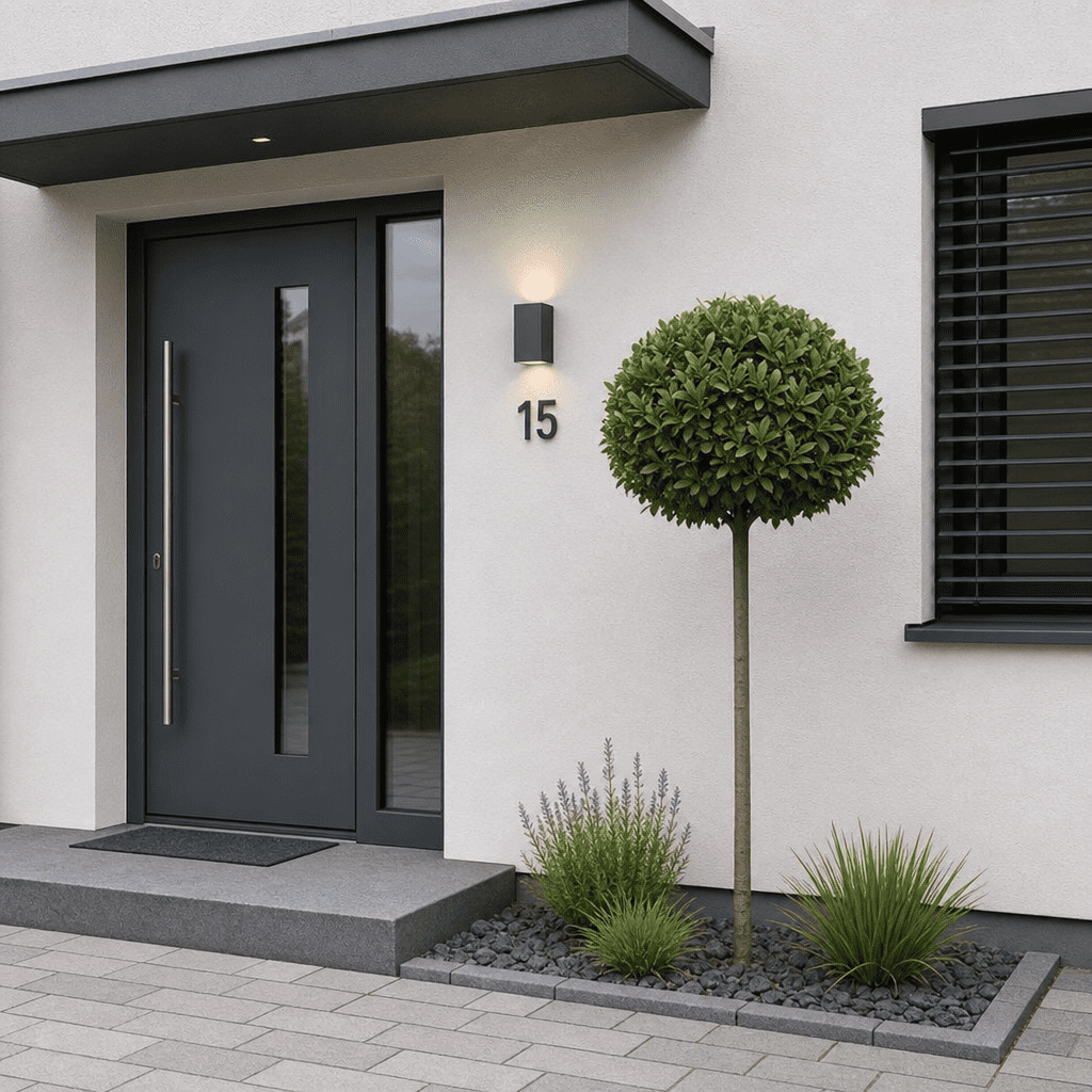 A small, elegant ball-shaped tree (Kugelbaum) next to a modern house entrance, providing height without blocking the view.