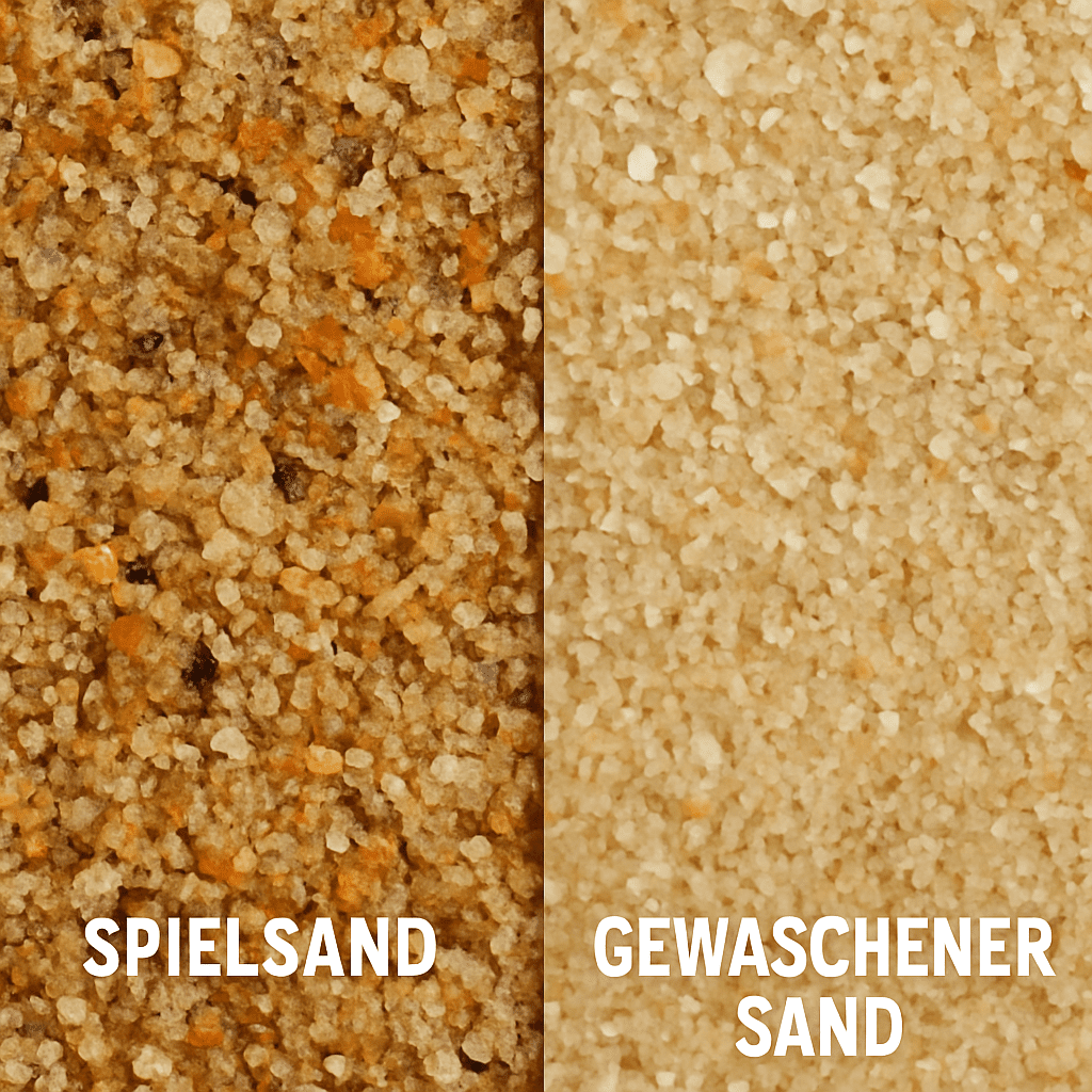 Nahaufnahme von Sandkörnern, die den Unterschied zwischen Spielsand und gewaschenem Sand zeigen