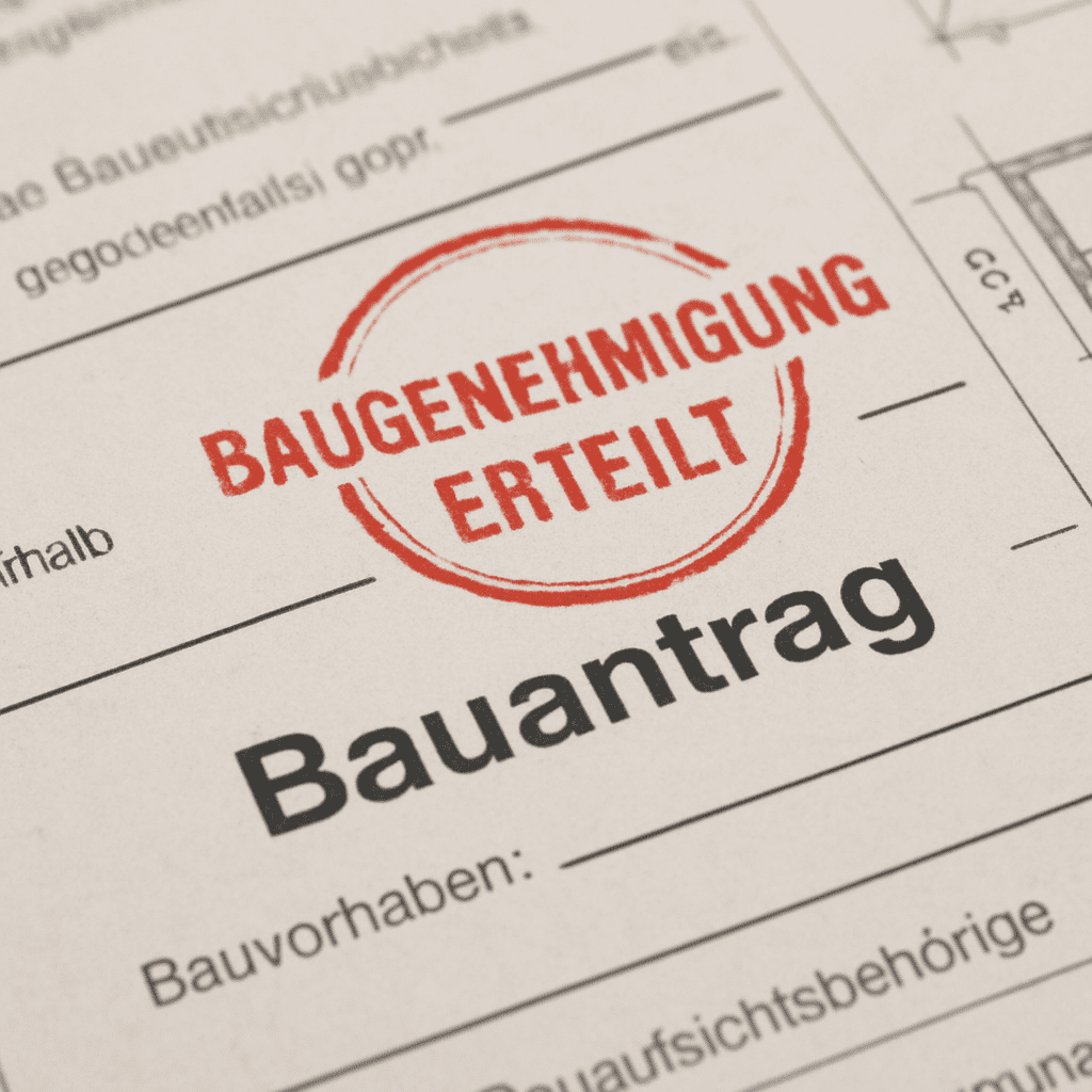 Stempel mit der Aufschrift Baugenehmigung erteilt auf offiziellen Dokumenten
