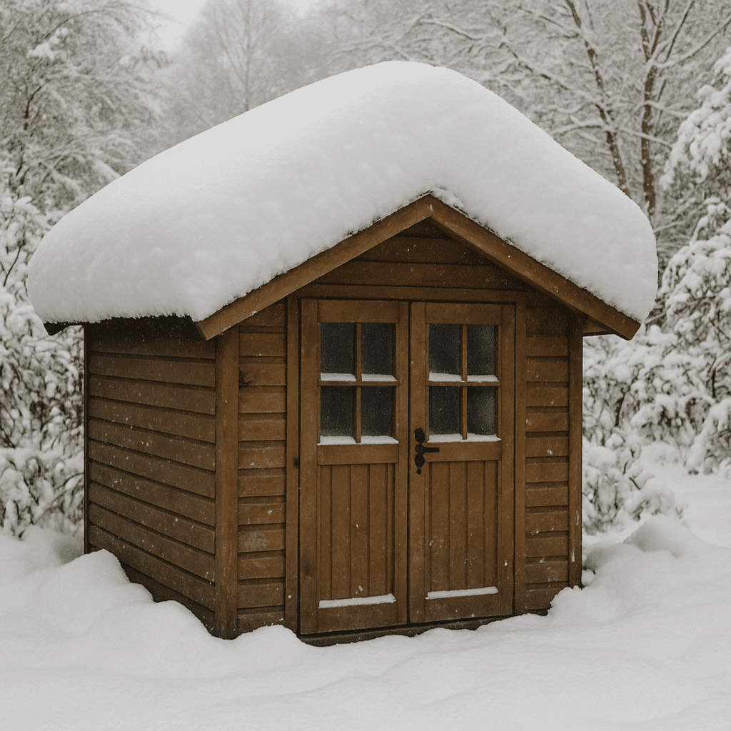 Ein tief verschneites Dach eines Gartenhauses im Winter