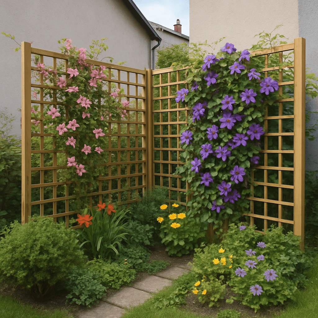 Ein kleiner Stadtgarten mit Rankgittern und blühenden Kletterpflanzen als Sichtschutz
