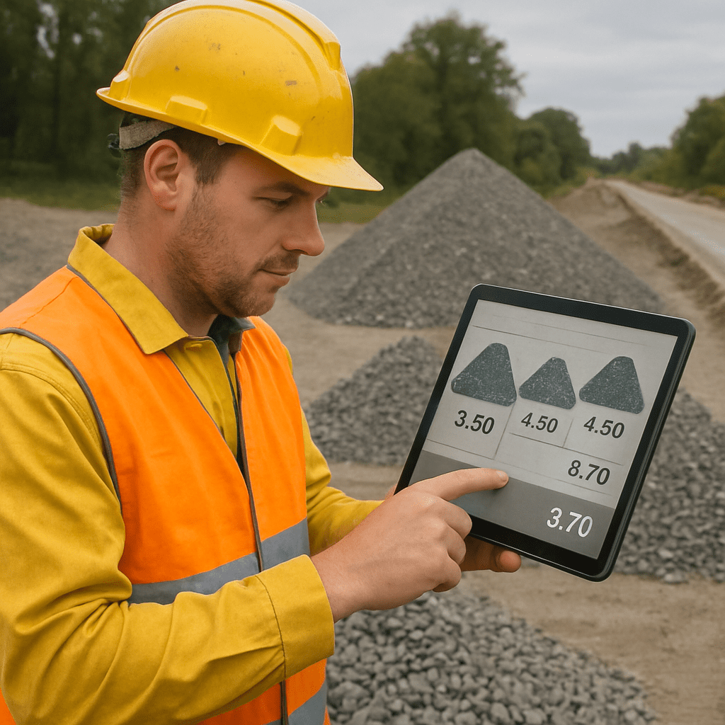 Bauarbeiter berechnet mit einem Tablet die Schüttgutmengen für den Unterbau