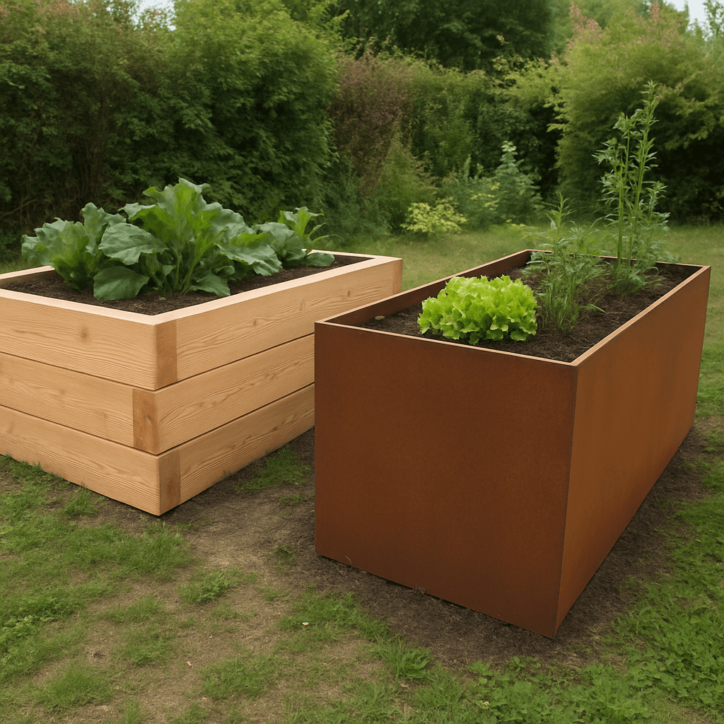 Vergleich zweier Hochbeete im Garten: Ein robustes Modell aus dicken Lärchenholzbohlen und ein modernes aus Cortenstahl