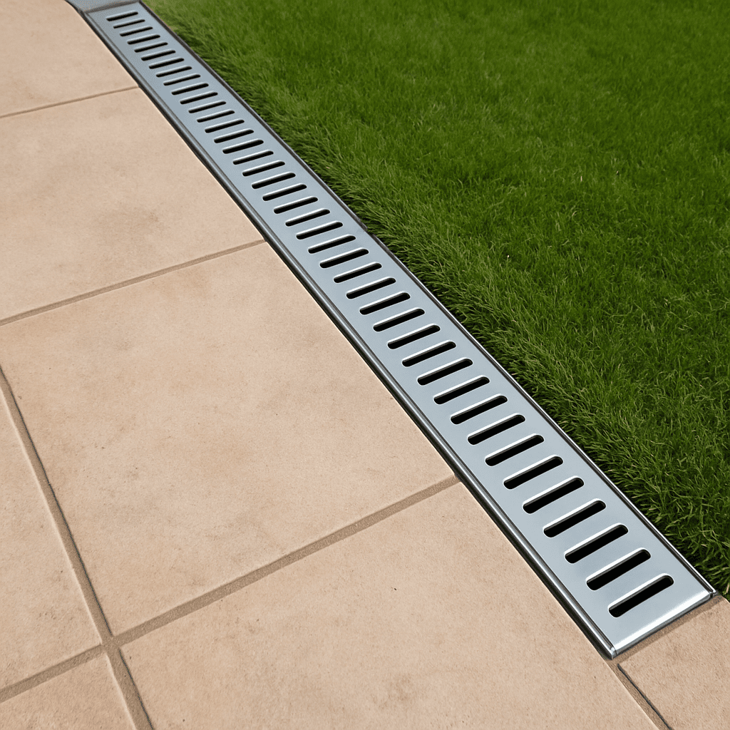 Eine elegante Entwässerungsrinne aus Edelstahl, die bündig zwischen Terrasse und Rasenfläche eingebaut ist