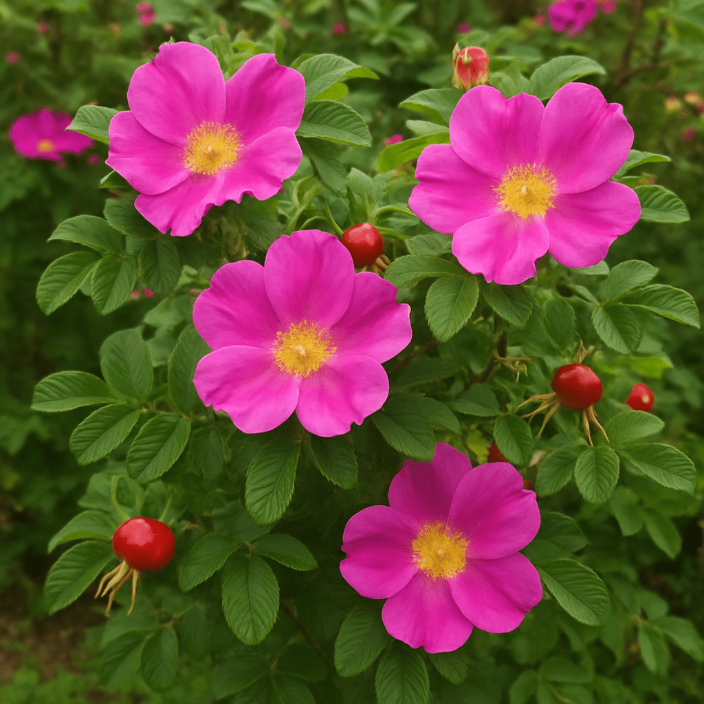 Ein blühender Rosenstrauch der Sorte Rosa rugosa mit großen offenen rosa Blüten und ersten roten Hagebutten